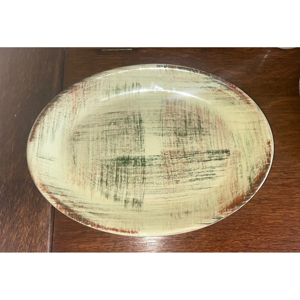 Vintage Vernon Ware Raffia Oval Serving Platter Hand Painted California Pottery